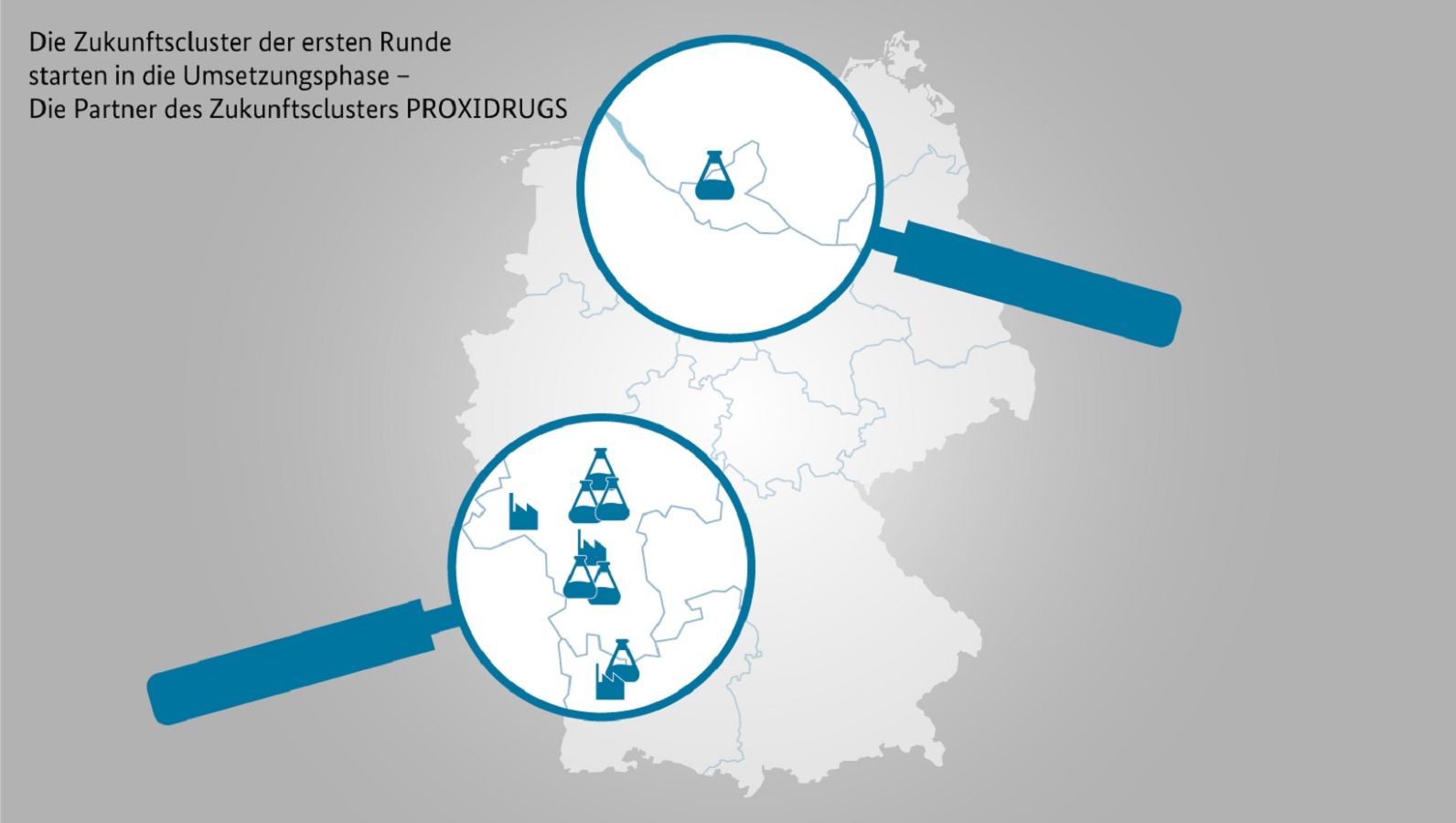 Start in die Umsetzungsphase: Deutschandkarte mit den Standorten der Partner des Zukunftsclusters PROXIDRUGS (Projektträger Jülich, Forschungszentrum Jülich GmbH)